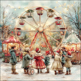 Theme Park decoupage napkin with a glowing Ferris wheel, vintage‑style children and snowy winter fairground scene.