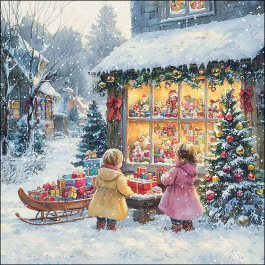 Toy Shop decoupage napkin with children admiring a glowing Christmas toy shop window, snow, presents and a decorated tree.