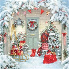 Doorstep Surprise decoupage napkin showing a festive porch with wreath, Christmas tree, rocking chair, gifts, sled and snowy decorations.