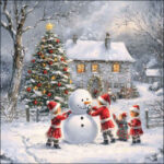 Winter Playtime decoupage napkin showing children building a snowman beside a decorated Christmas tree and a cosy house in a snowy festive scene.