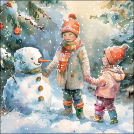 Snowy Forest Friends decoupage napkin showing two children in winter clothing standing beside a snowman in a snowy woodland with festive ornaments.
