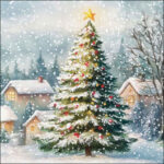 Tree in Snow decoupage napkin showing a decorated Christmas tree with golden star in a snowy village scene with glowing houses.