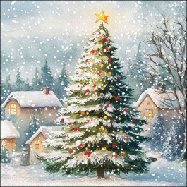 Tree in Snow decoupage napkin showing a decorated Christmas tree with golden star in a snowy village scene with glowing houses.