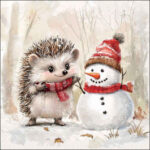 Spike and Frosty decoupage napkin showing a hedgehog in a red scarf standing beside a snowman in a snowy woodland scene.