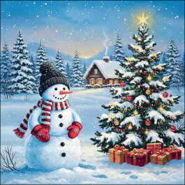 Cool Guard decoupage napkin showing a snowman with hat, scarf and mittens beside a decorated Christmas tree in a snowy cabin scene.