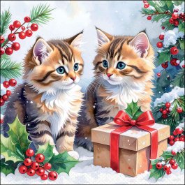 Kitty Gift decoupage napkin showing two fluffy kittens in snow with holly, berries and a gift box.