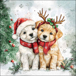 Cody and Buddy decoupage napkin showing two festive puppies in snow with Santa hat, reindeer antlers and holly.