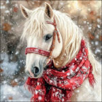 Mare decoupage napkin showing a white horse with red bridle and snowflake scarf in a snowy winter scene.
