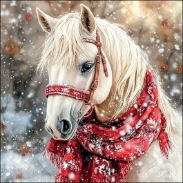 Mare decoupage napkin showing a white horse with red bridle and snowflake scarf in a snowy winter scene.