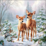 Olivia and Oliver decoupage napkin showing two young deer in a snowy forest with evergreens and berries.