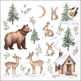 Elements of Nature decoupage napkin showing woodland animals, evergreens and a snowy cabin in a winter forest.