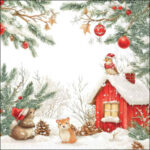 Friends by the Cabin decoupage napkin showing a snowy red cabin, bird, rabbit and woodland details.