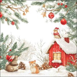 Friends by the Cabin decoupage napkin showing a snowy red cabin, bird, rabbit and woodland details.