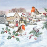Birdy Village decoupage napkin showing two robins on snowy holly branches with a winter cottage.