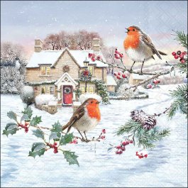 Birdy Village decoupage napkin showing two robins on snowy holly branches with a winter cottage.