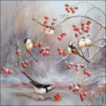 Winter Feast decoupage napkin showing long‑tailed birds on frosted branches with red berries.