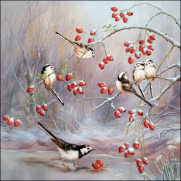 Winter Feast decoupage napkin showing long‑tailed birds on frosted branches with red berries.