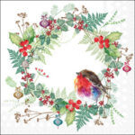 Robin’s Wreath White decoupage napkin showing a watercolour wreath with holly, berries and a colourful robin.