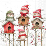 Birdhouse Quartet decoupage napkin showing birds in winter hats around snowy birdhouses.
