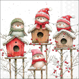 Birdhouse Quartet decoupage napkin showing birds in winter hats around snowy birdhouses.