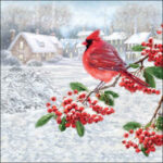 Cardinal decoupage napkin showing a red cardinal on snowy berry branches with a winter village.