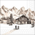 Ski Chalet decoupage napkin showing a wooden chalet, skiers and snowy mountains.