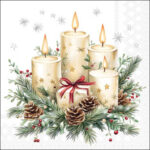 Candles and Gift decoupage napkin featuring four lit candles, a wrapped present, pinecones, and evergreen branches, perfect for Christmas craft projects.
