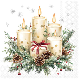 Candles and Gift decoupage napkin featuring four lit candles, a wrapped present, pinecones, and evergreen branches, perfect for Christmas craft projects.