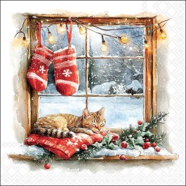 Close-up detail of the Winter Window napkin showing a tabby cat sleeping on a red cushion by a snowy window with hanging mittens.