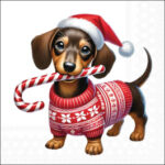 Close-up detail of the Anton napkin showing a cute dachshund wearing a red Santa hat and Christmas jumper with a candy cane.