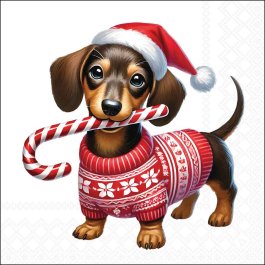 Close-up detail of the Anton napkin showing a cute dachshund wearing a red Santa hat and Christmas jumper with a candy cane.