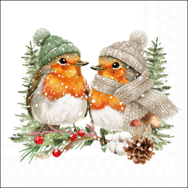 Two robins wearing knitted winter hats and a scarf sitting on a snowy branch with berries, cotton, mushrooms and a pine cone.