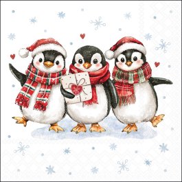 Three penguins in festive winter hats and scarves standing on snow, with hearts and snowflakes around them.