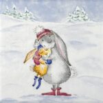 Close-up of Snow Rabbits decoupage napkins featuring two cute bunnies hugging in a snowy winter landscape.