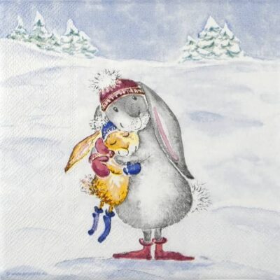 Close-up of Snow Rabbits decoupage napkins featuring two cute bunnies hugging in a snowy winter landscape.