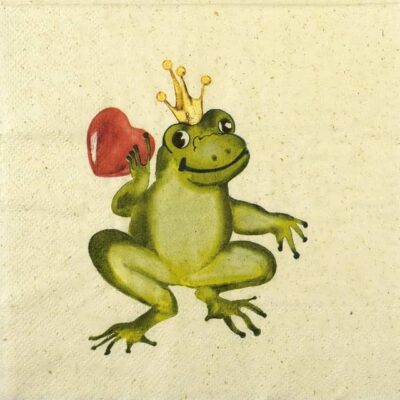 Frog Prince lunch decoupage napkin laid flat, featuring a fairytale illustration of a frog wearing a crown holding a golden ball among lily pads.