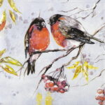 Birds on Branch decoupage napkin with two birds perched on a leafy branch with berries on a soft textured background.