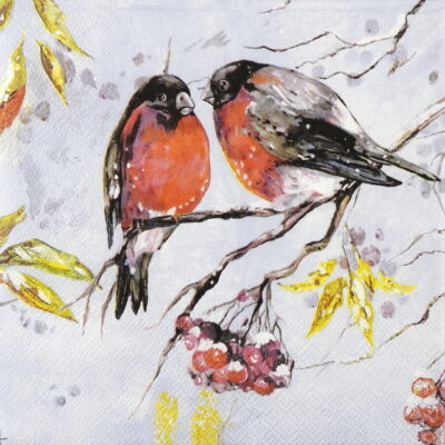Birds on Branch decoupage napkin with two birds perched on a leafy branch with berries on a soft textured background.