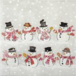 Quarter‑fold Dancing Snowmen decoupage napkin showing cheerful snowmen in colourful winter outfits on a soft snowy background.