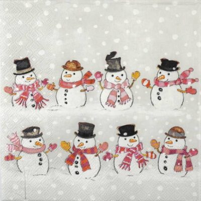 Quarter‑fold Dancing Snowmen decoupage napkin showing cheerful snowmen in colourful winter outfits on a soft snowy background.