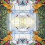 Dog Watching Birds Napkins 20 Pack fully opened showing cosy winter window scene with a golden‑brown dog, snowy landscape and festive Christmas décor.