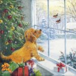 Dog Watching Birds decoupage napkin quarter‑fold showing cosy winter window scene with a golden‑brown dog, snowy landscape and festive Christmas décor.
