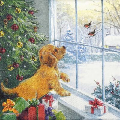 Dog Watching Birds decoupage napkin quarter‑fold showing cosy winter window scene with a golden‑brown dog, snowy landscape and festive Christmas décor.