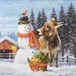 Quarter view of the Donkey with Snowman decoupage napkin showing the winter scene.