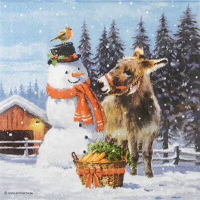 Quarter view of the Donkey with Snowman decoupage napkin showing the winter scene.