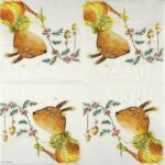 Full layout showing repeating squirrel motif with scarf, decorated branch and botanical elements.