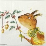 Brown squirrel with green checked scarf holding a decorated branch with leaves, berries and golden ornaments.