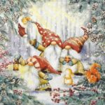 Gnomes Snowy Forest napkin with festive gnomes, snowy branches and woodland details.