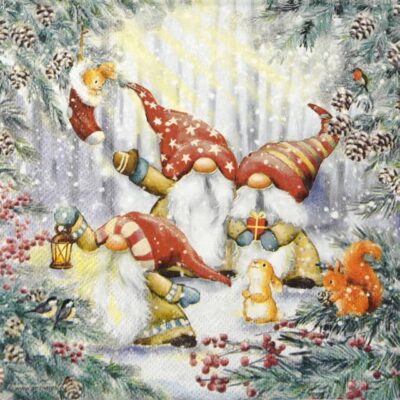 Gnomes Snowy Forest napkin with festive gnomes, snowy branches and woodland details.