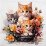 Kittens in Basket napkin with three kittens and floral details.